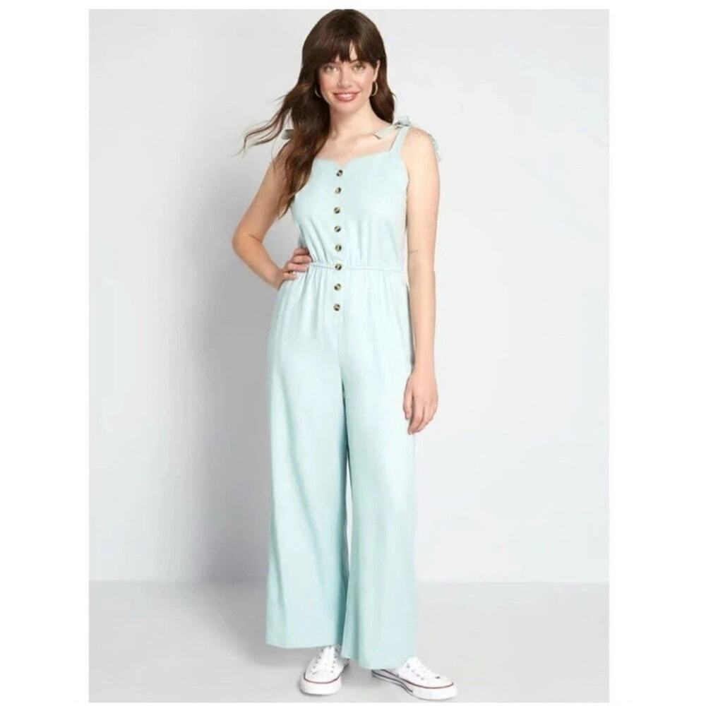 ModCloth Every Waking Momentum Jumpsuit Large Linen Blend Green Teal Pockets